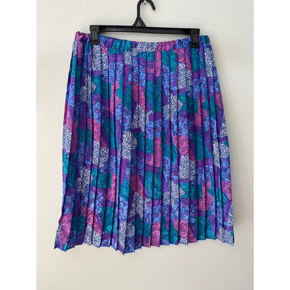 Vintage 80's Blue/Purple Geometric Patchwork Pleated A-Line Skirt Sz 12 - Picture 2 of 5